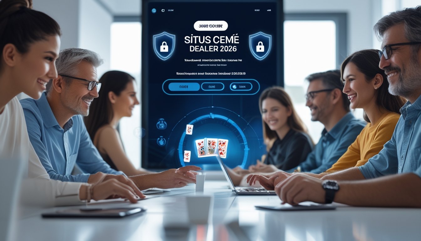 Orang-orang sedang bermain permainan kartu online di lingkungan yang aman dan terpercaya dengan perangkat digital di sebuah kantor modern.