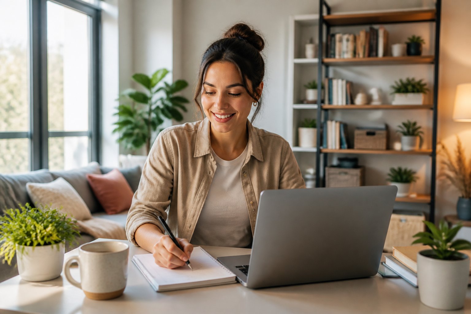 A woman working at a home desk with a laptop and notepad, surrounded by a cozy living space with natural light.