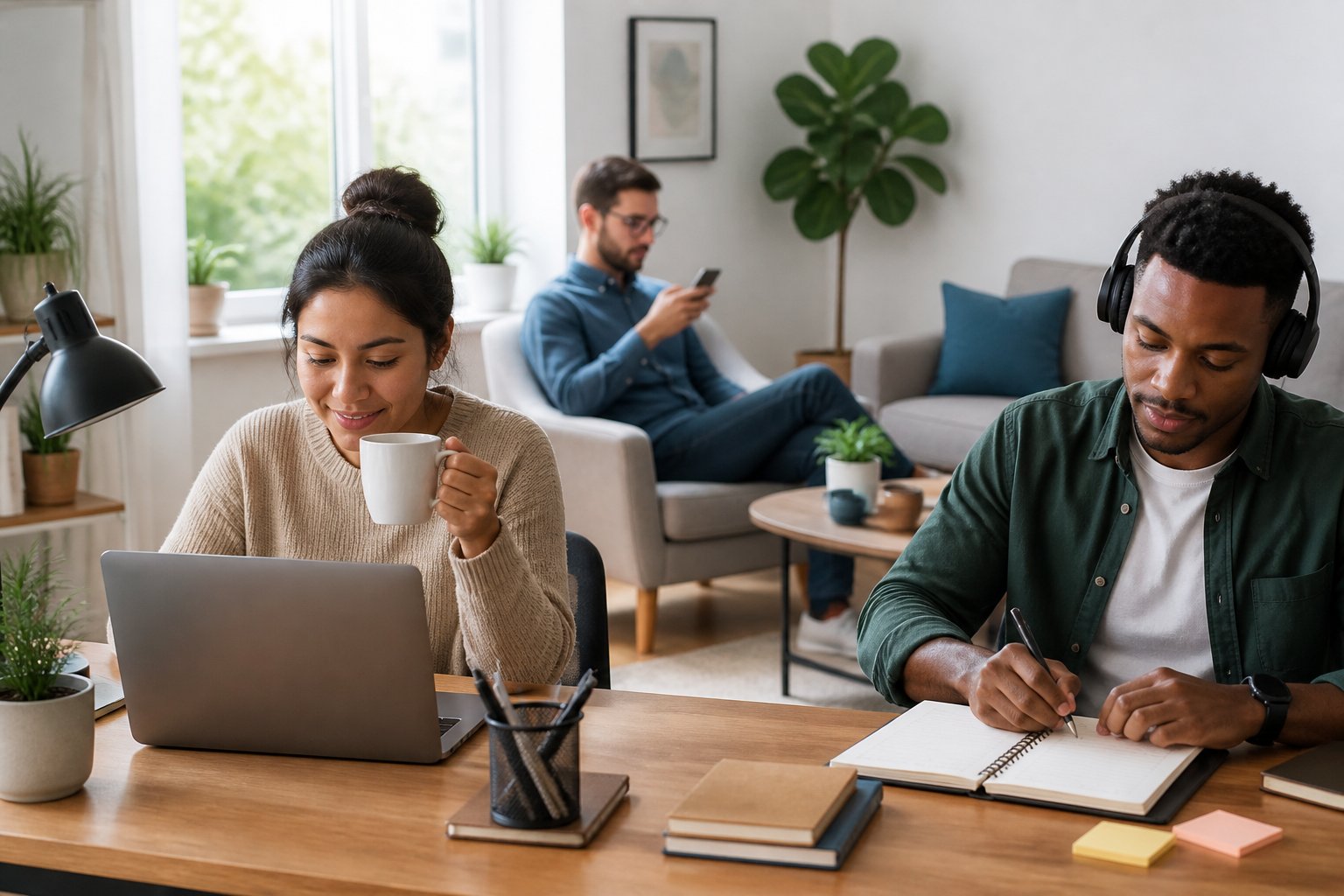 People working from home using laptops and smartphones in a bright, comfortable living space.