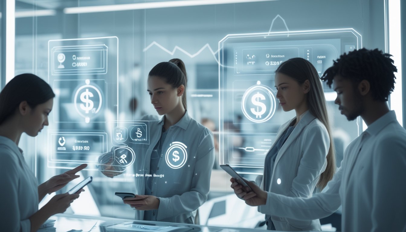 Sekelompok orang muda menggunakan perangkat digital di kantor modern untuk melakukan transaksi deposit dan penarikan dengan cepat.