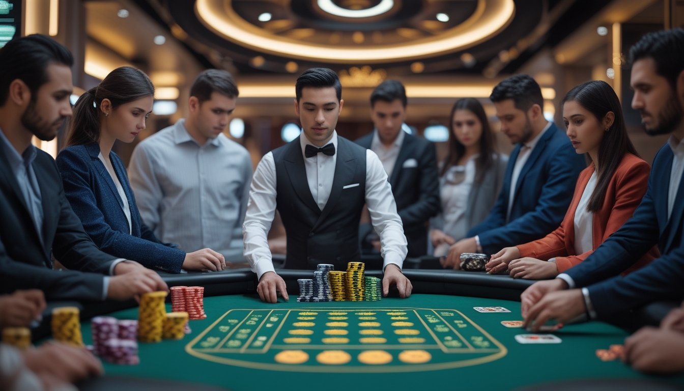 Seorang dealer Ceme profesional mengelola permainan di meja dengan pemain yang sedang memasang taruhan di kasino modern.