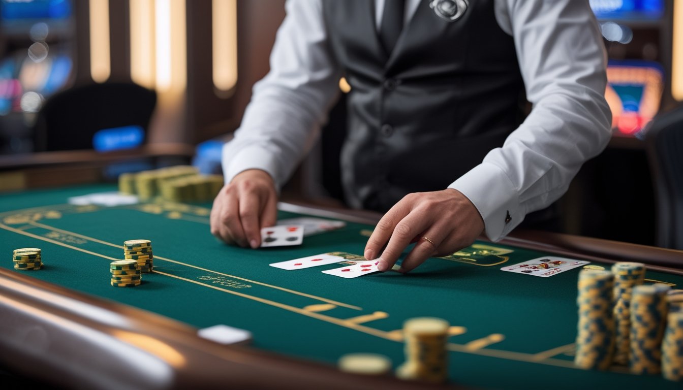 Seorang dealer profesional sedang membagikan kartu di meja permainan Ceme dengan chip dan kartu tertata rapi.