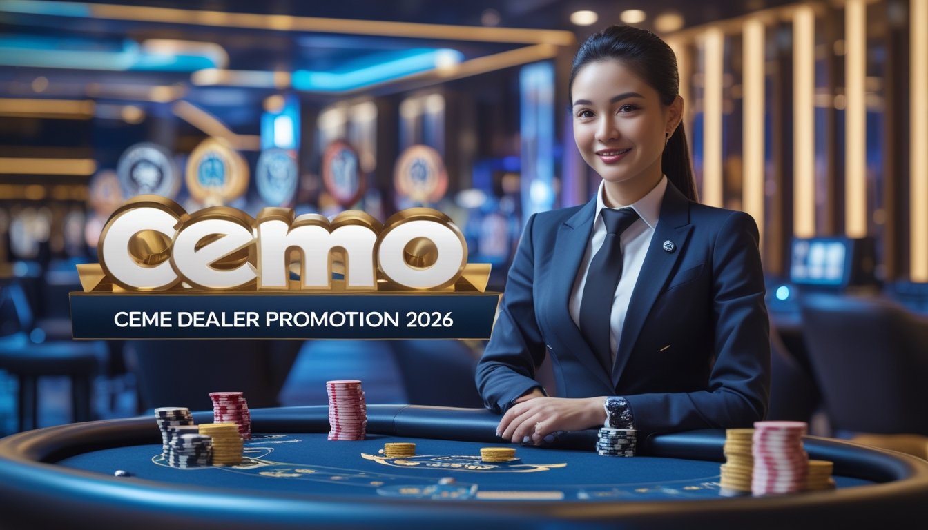Seorang dealer Ceme yang profesional berdiri di belakang meja permainan di dalam kasino yang modern dan mewah.