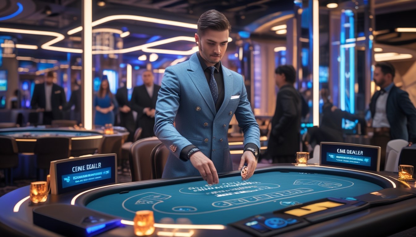 Seorang dealer kasino profesional sedang membagikan kartu di meja permainan Ceme dengan suasana kasino modern dan pencahayaan hangat.