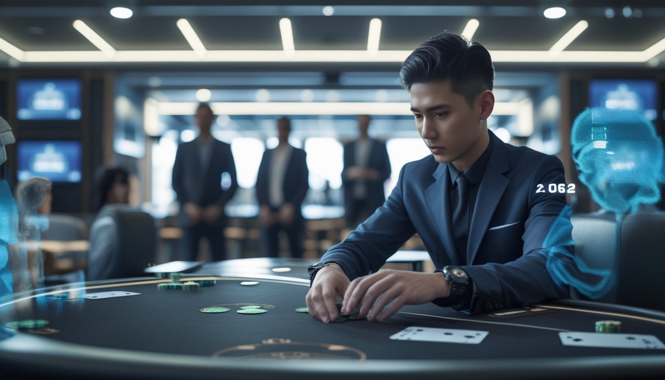 Seorang dealer kartu muda yang fokus sedang membagikan kartu di meja permainan modern dengan latar belakang kasino futuristik dan beberapa pemain memperhatikan.