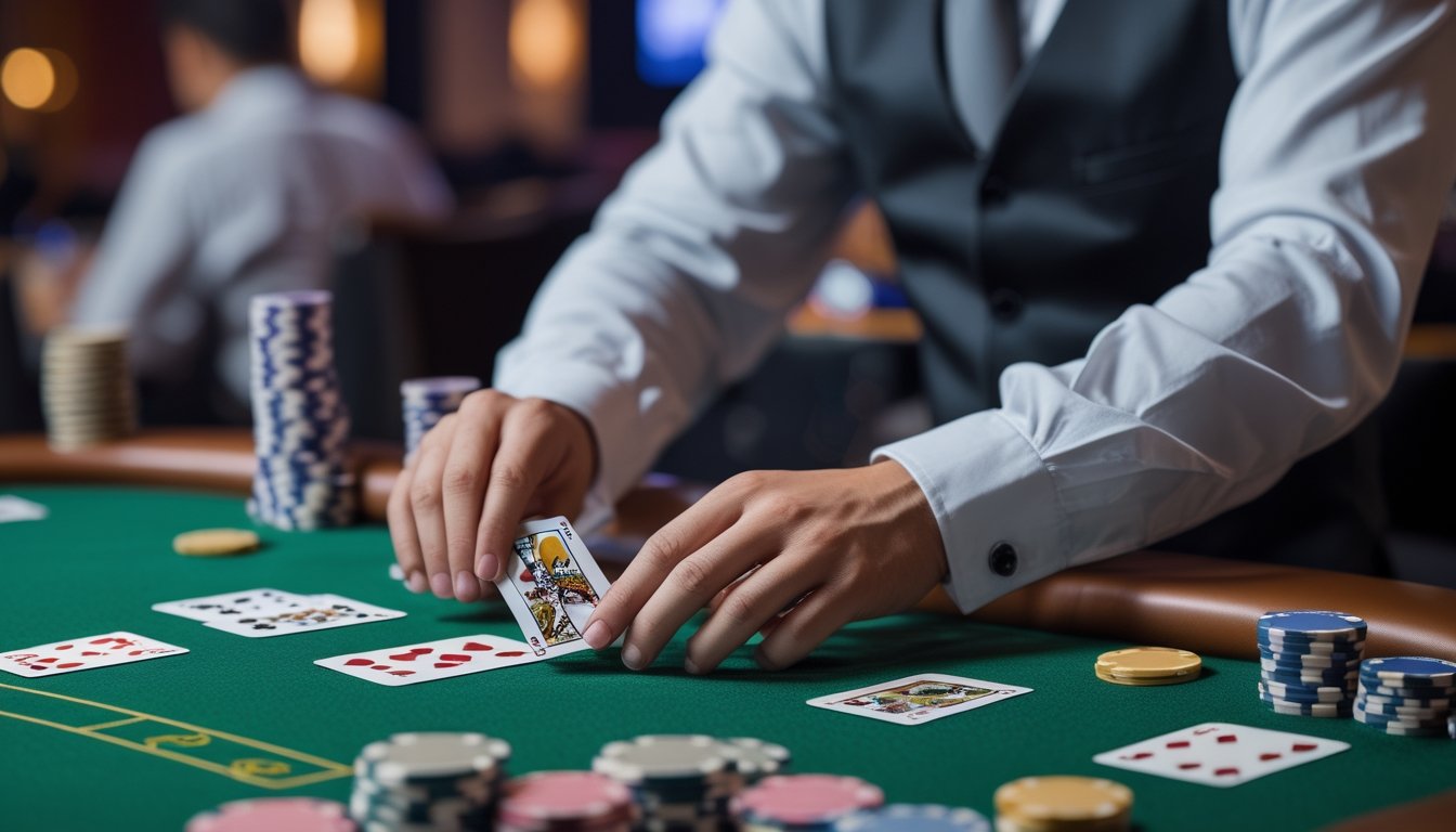 Seorang dealer kasino sedang mengatur kartu dan chip di meja permainan Ceme dengan latar belakang kasino yang samar.