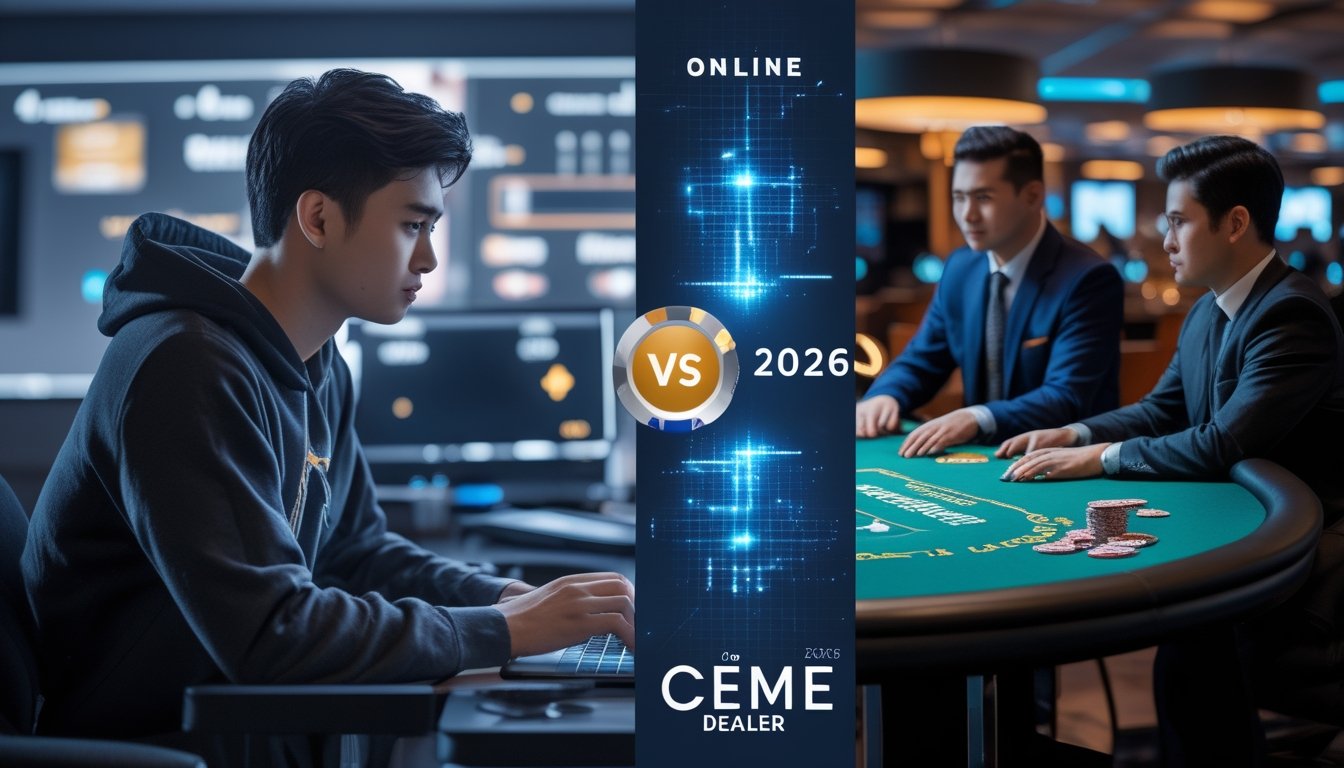 Seorang pria muda bermain game Ceme online dengan laptop di satu sisi dan sekelompok orang bermain Ceme secara langsung di meja fisik di sisi lain.