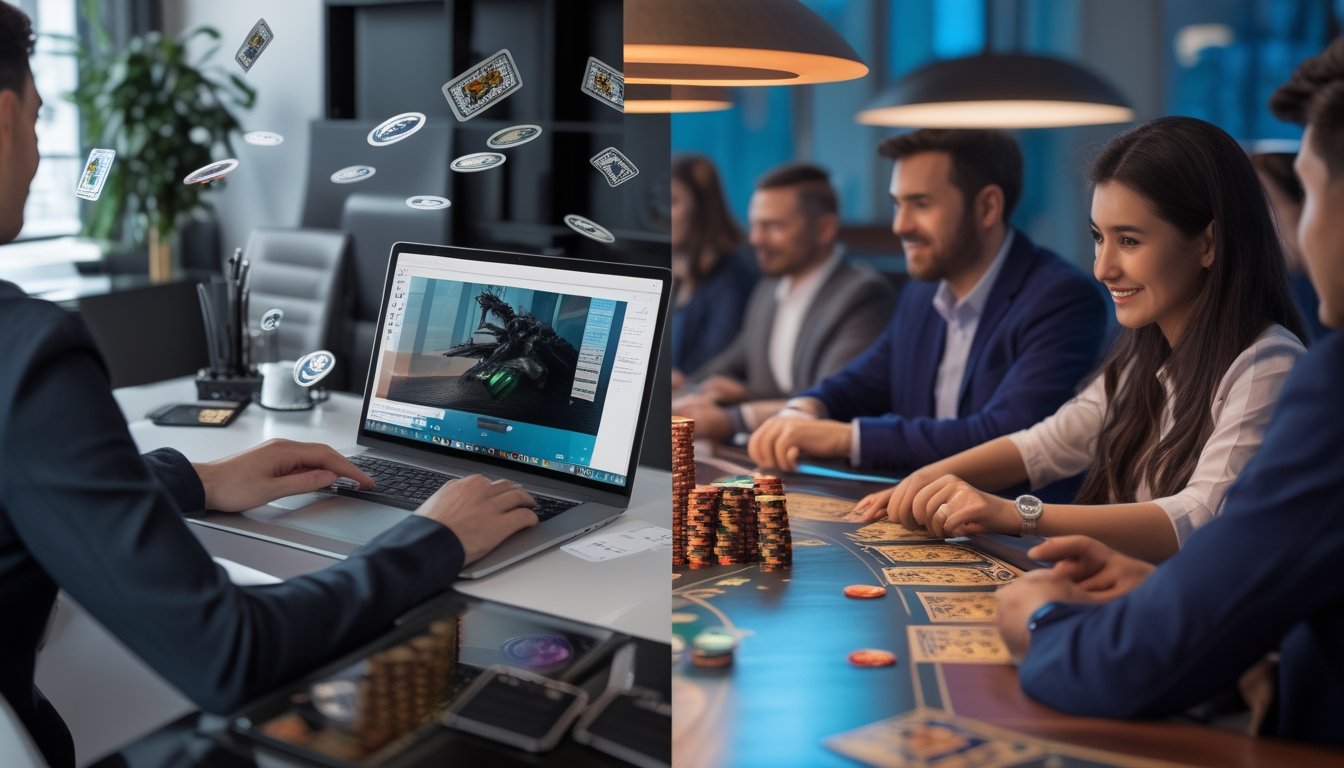 Seseorang bermain game Ceme secara online di rumah dan dealer Ceme tradisional dengan pemain di meja permainan di sisi lain.