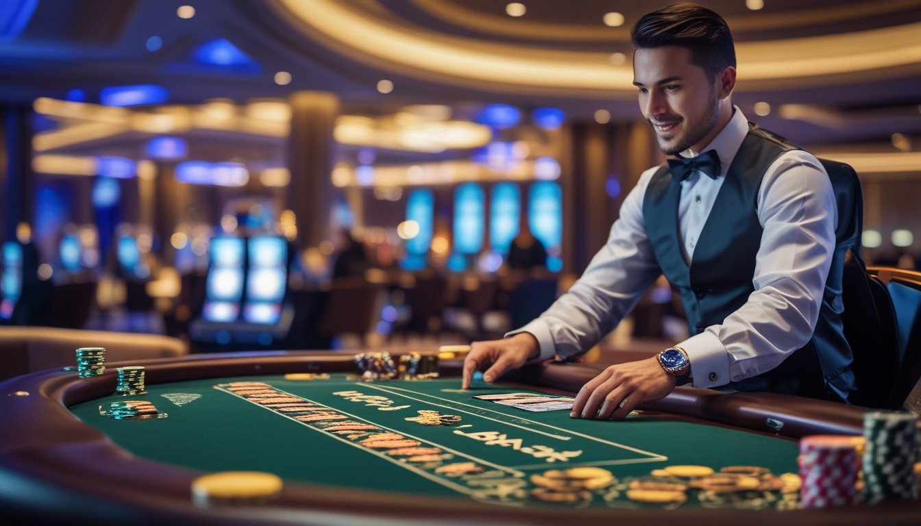 Meja dealer Ceme di kasino dengan dealer profesional dan kartu serta chip tertata rapi.