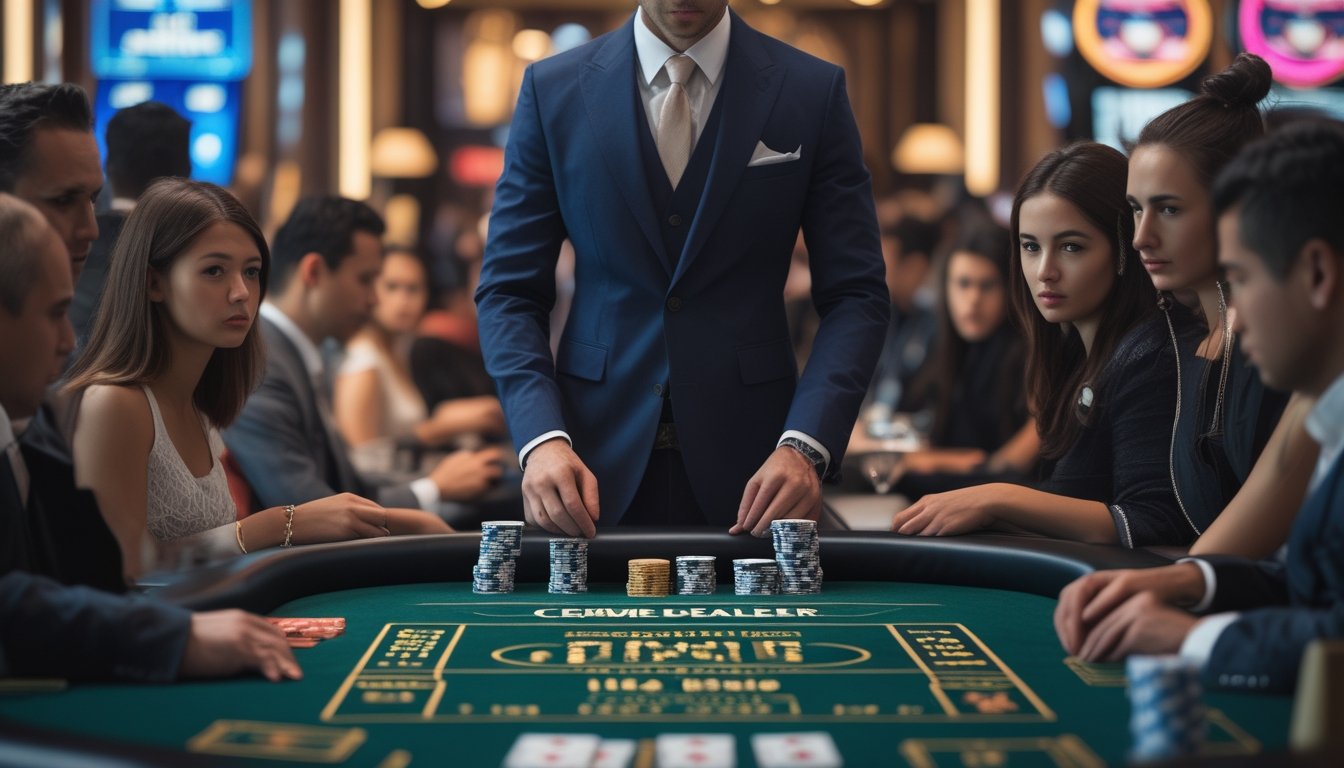 Seorang dealer di meja permainan Ceme dengan pemain yang fokus dan suasana kasino di latar belakang.