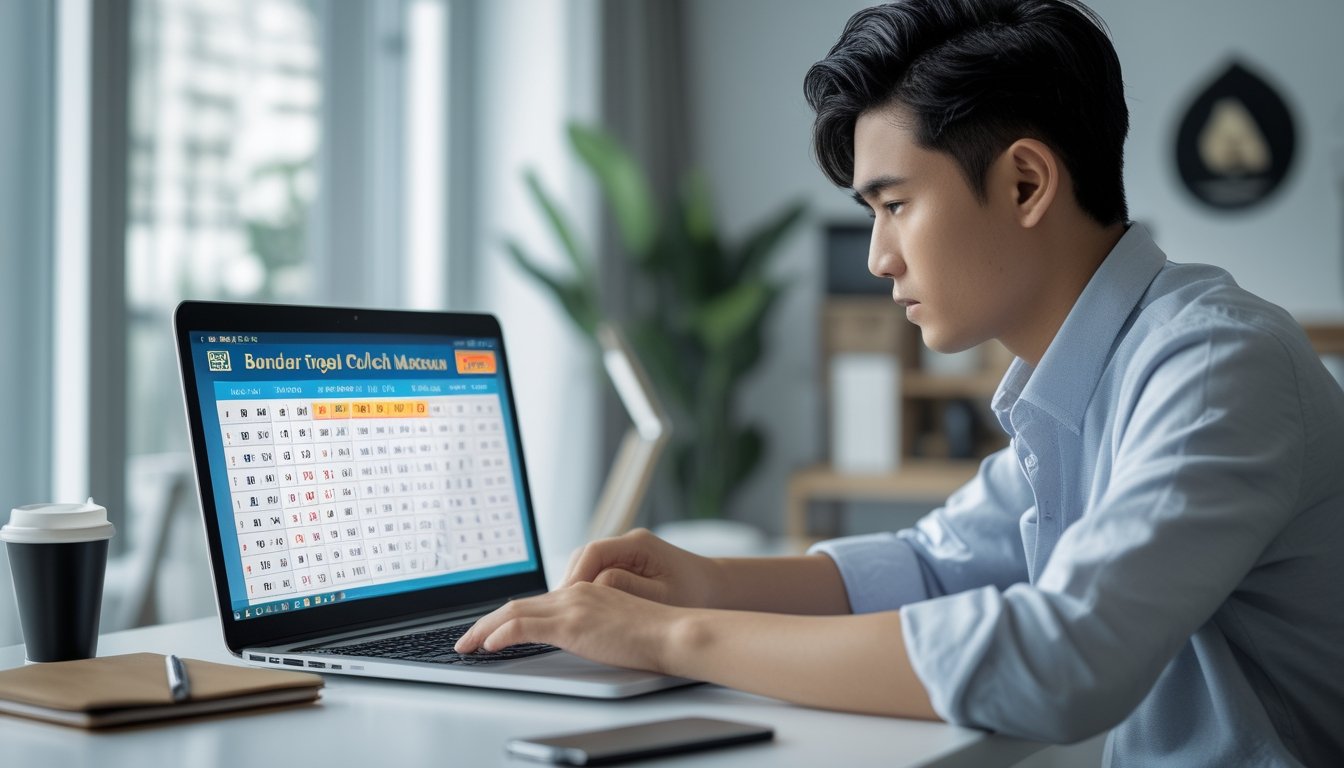 Seorang pria muda Asia duduk di meja modern sambil menggunakan laptop untuk bermain permainan togel online dengan suasana ruangan yang terang dan tenang.