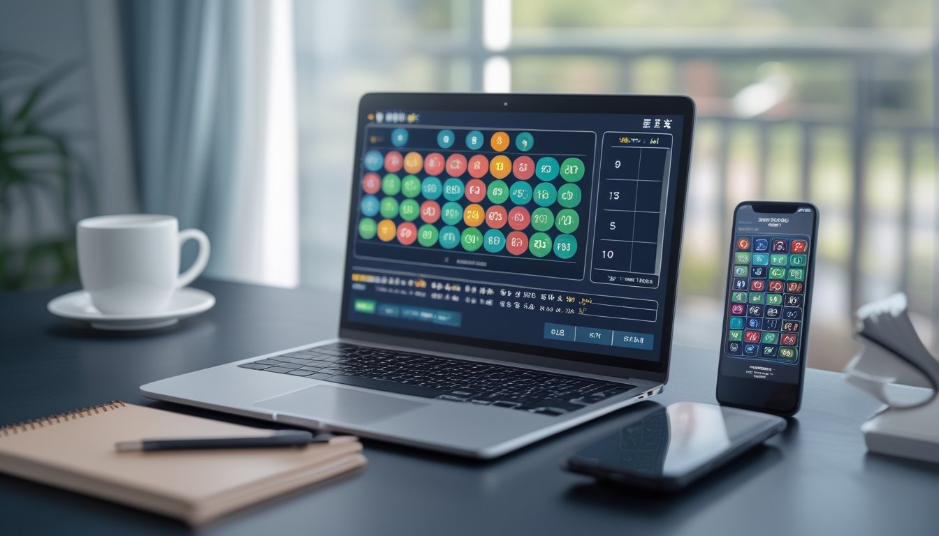 Meja kerja dengan laptop yang menampilkan antarmuka permainan togel, kopi, buku catatan, dan ponsel di atasnya.