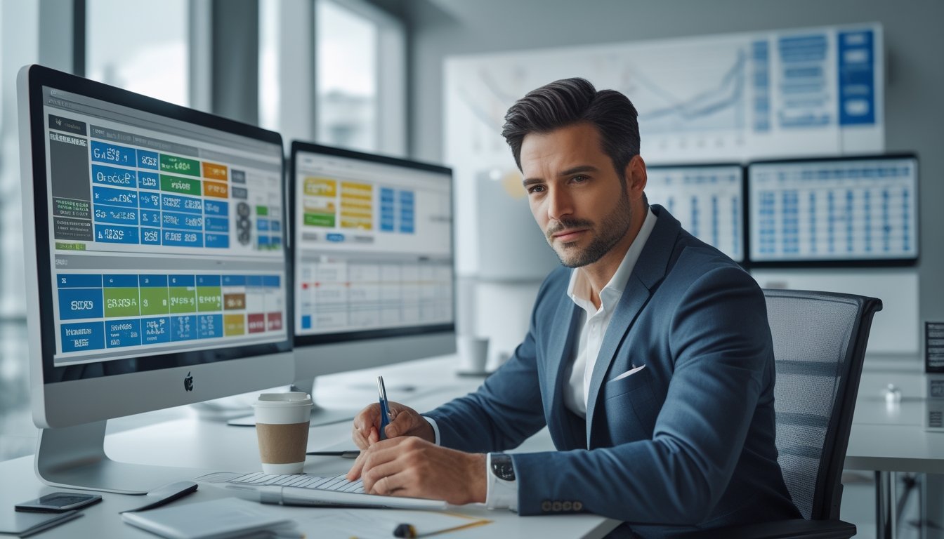 Seorang pria duduk di meja kantor modern sambil menganalisis data di beberapa layar komputer dengan suasana kerja yang fokus dan terorganisir.