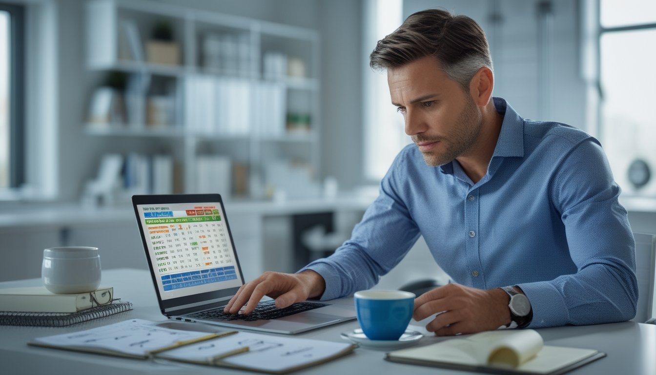 Seorang pria bisnis yang fokus sedang menganalisis hasil lotere dan strategi di meja kantor modern.