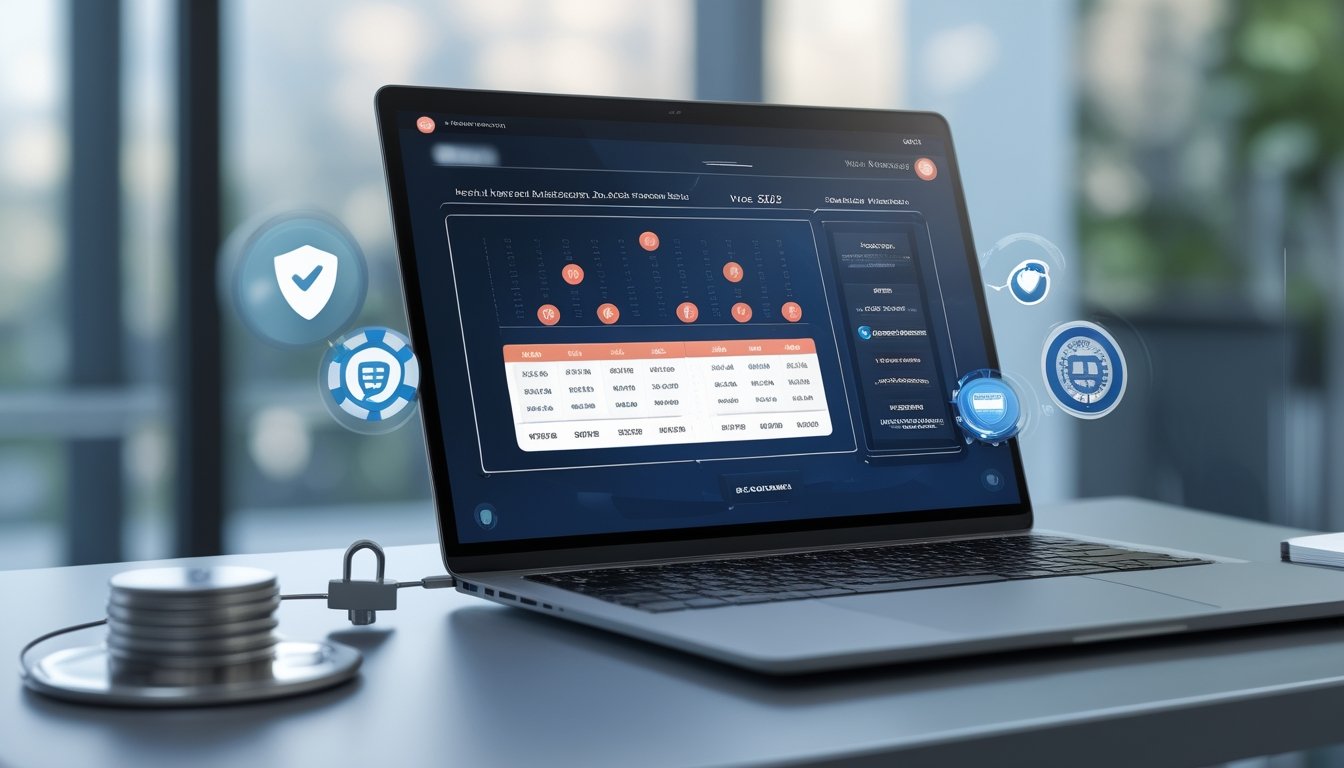 Seorang profesional menggunakan laptop di meja kerja dengan tampilan situs lotere online yang aman dan terpercaya.