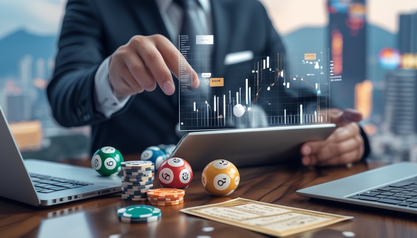 Seorang pria berpakaian rapi sedang menganalisis data taruhan togel di meja dengan bola togel, chip, dan perangkat digital, dengan latar belakang pemandangan kota Macau.