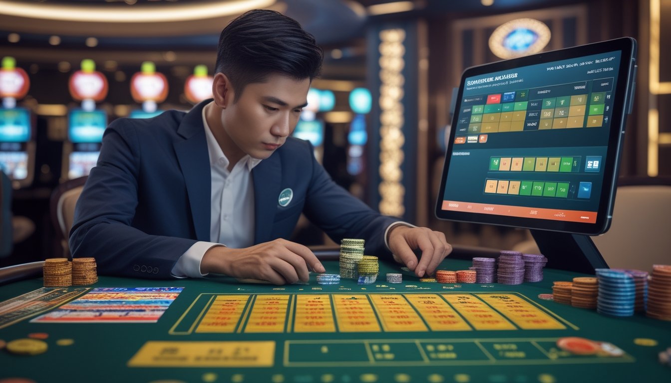 Seorang pria Asia berpakaian rapi sedang menganalisis tiket taruhan dan data di meja kasino dengan suasana mewah di latar belakang.