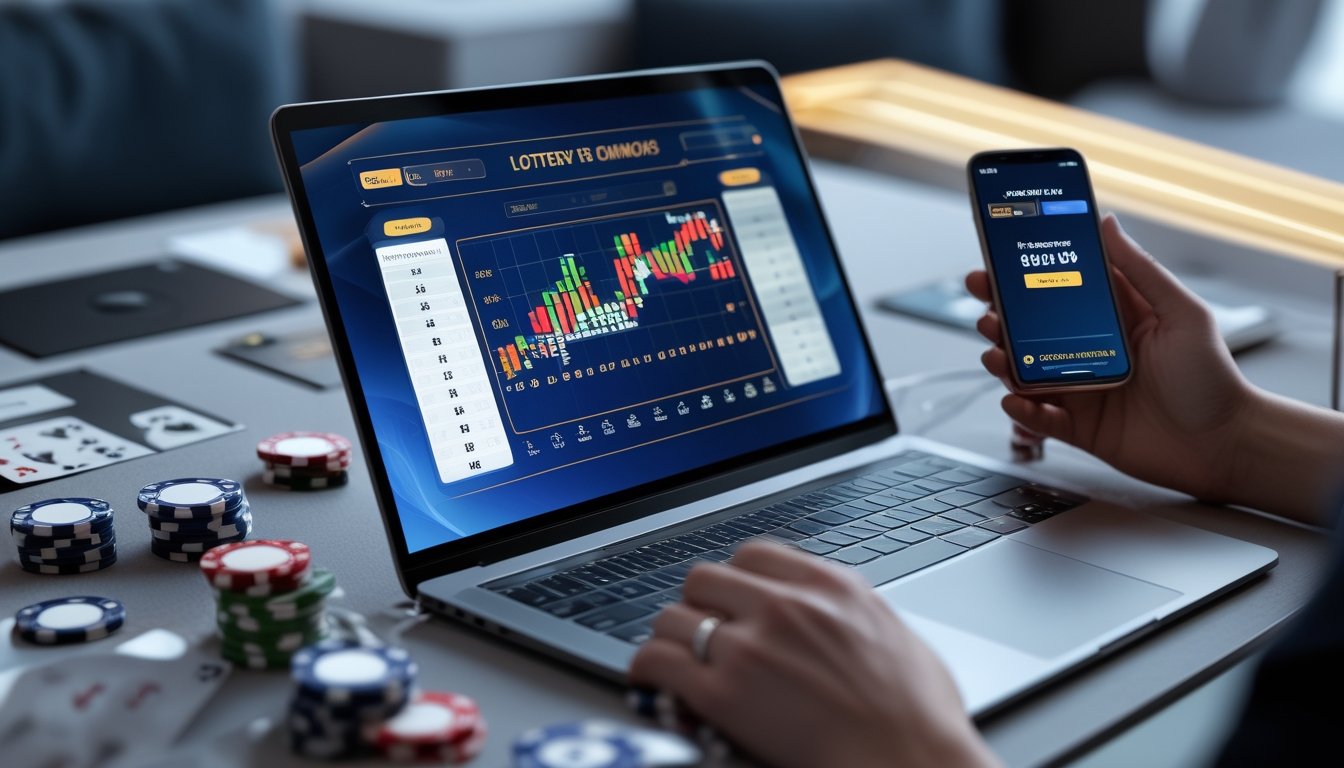 Sebuah ruang kerja modern dengan laptop yang menampilkan antarmuka permainan togel, dikelilingi oleh chip poker, kartu remi, dan ponsel yang menampilkan aplikasi taruhan.
