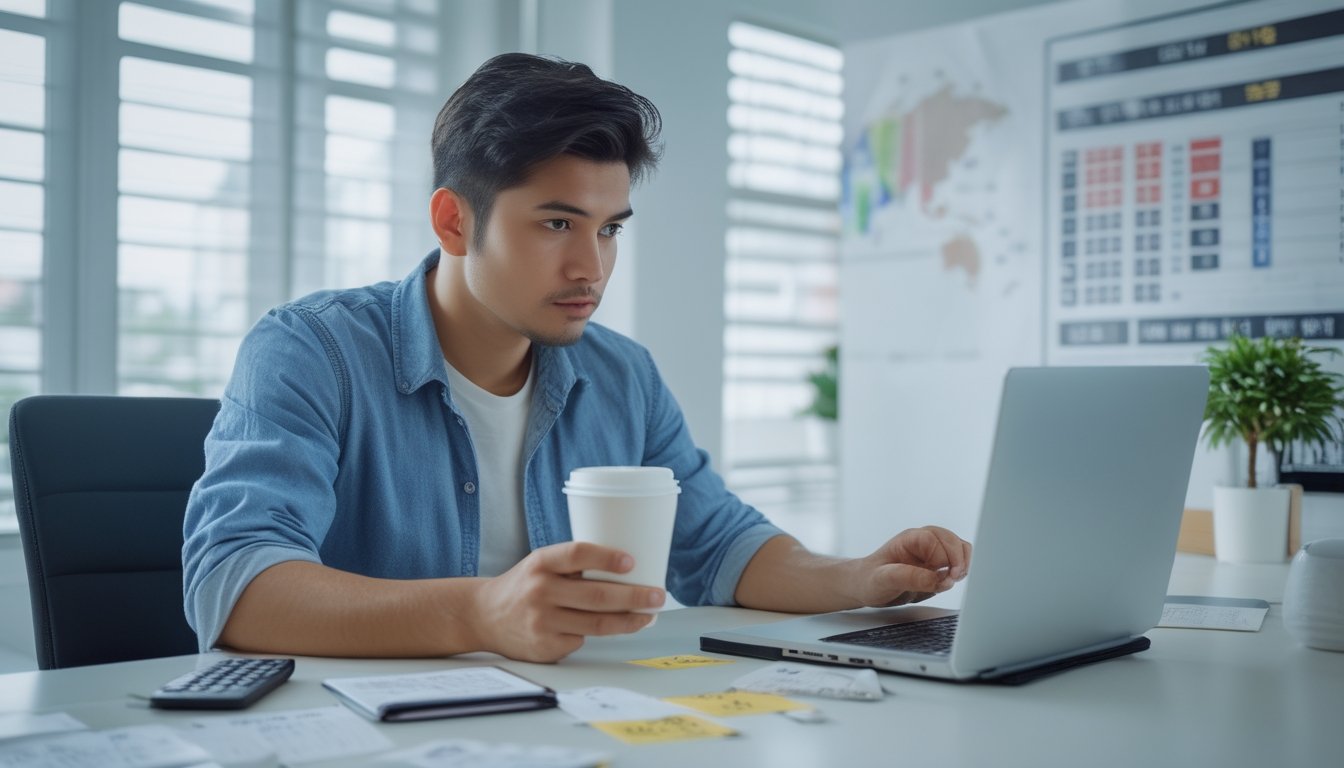 Seorang pria muda duduk di meja kerja dengan laptop dan ponsel, tampak fokus menganalisis data dan strategi permainan togel online.