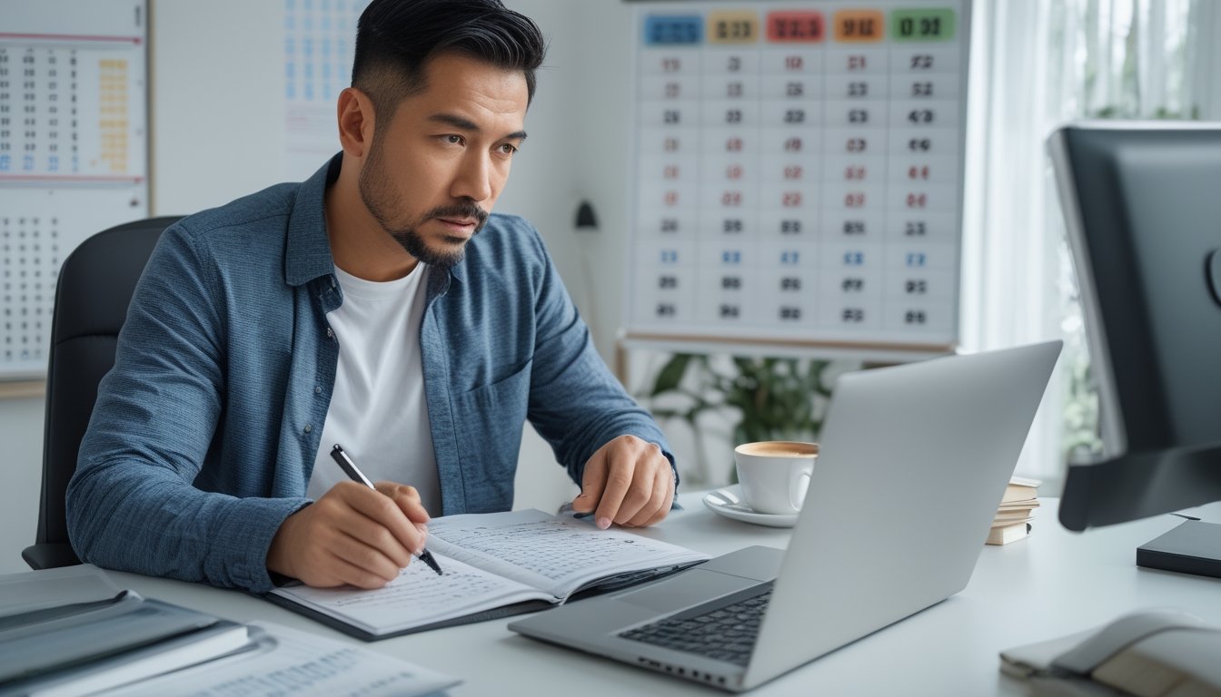 Seorang pria dewasa duduk di meja dengan laptop dan buku catatan, fokus menganalisis angka togel di ruang kerja yang rapi.