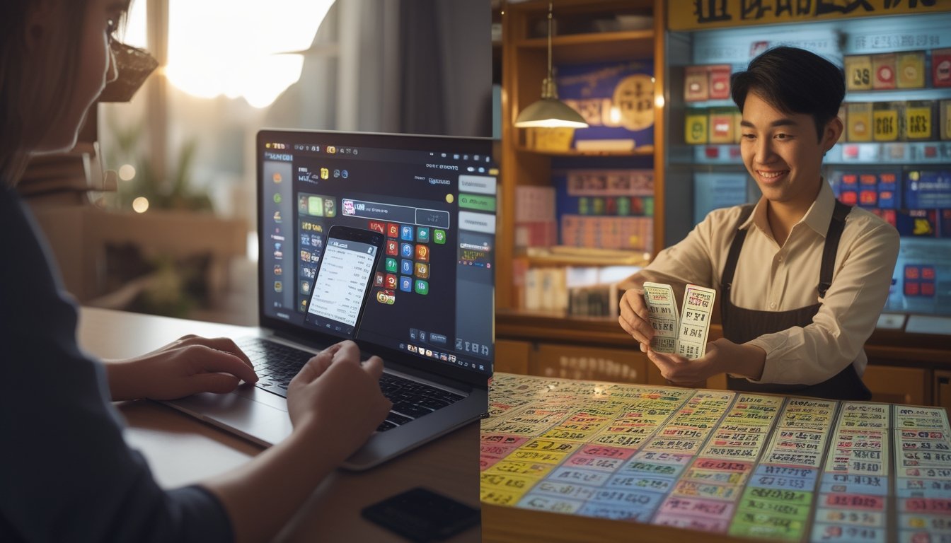 Seseorang menggunakan laptop dan ponsel untuk taruhan togel online di rumah, berdampingan dengan suasana toko togel tradisional dengan penjual dan pelanggan bertukar tiket.