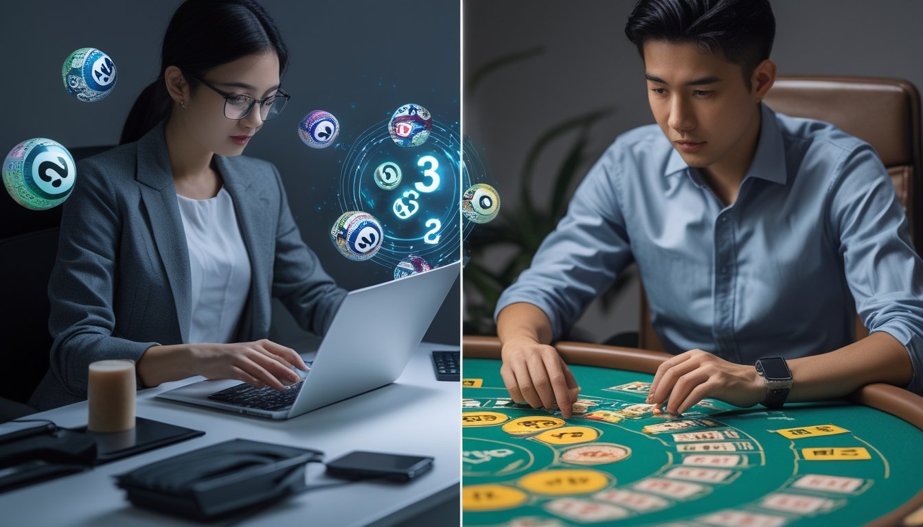 Dua orang sedang bermain togel Colok Macau, satu menggunakan laptop di rumah dan satu lagi di kios togel fisik.