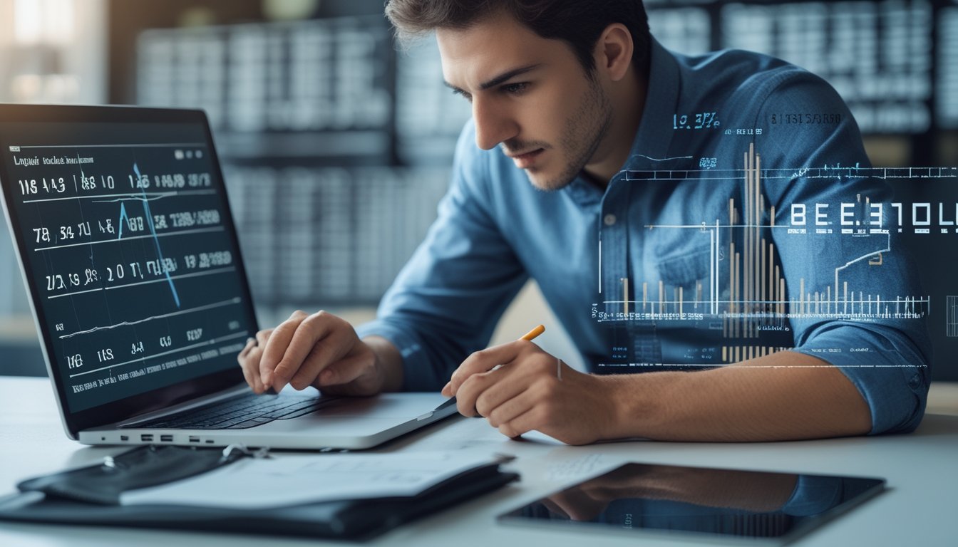 Seorang individu sedang menganalisis data angka di depan beberapa layar komputer di ruang kerja modern.