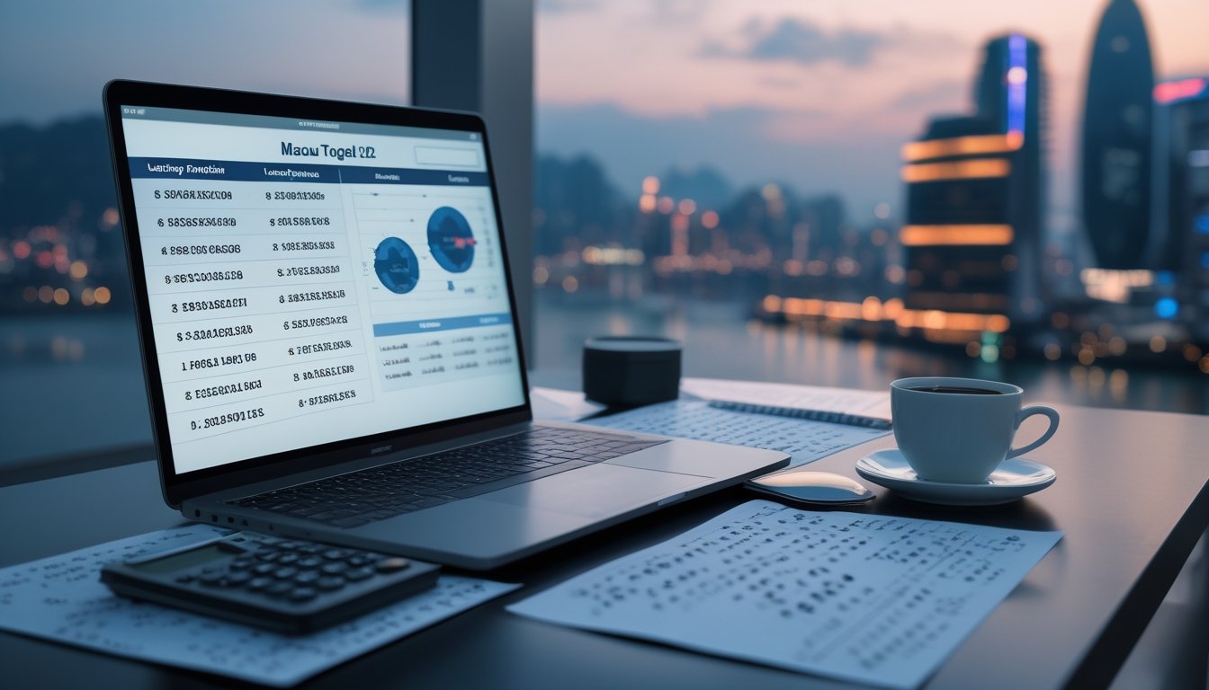 Meja kerja modern dengan laptop yang menampilkan data angka dan kertas berisi perhitungan angka togel, dengan latar belakang pemandangan kota Macau saat senja.