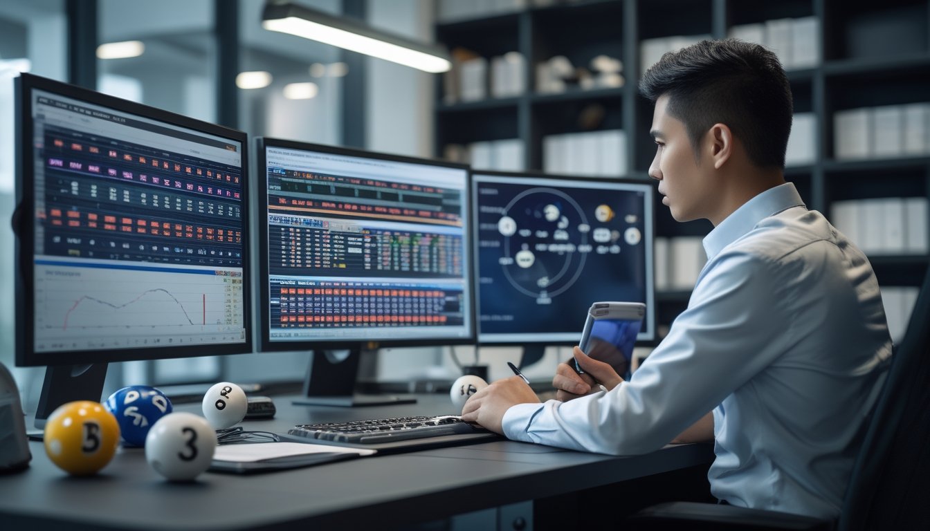 Seorang analis sedang bekerja di meja dengan beberapa monitor yang menampilkan data angka dan grafik terkait prediksi togel Colok Macau tahun 2026.