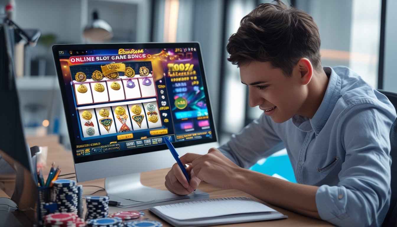 Seorang pemula sedang belajar tentang bonus permainan slot online di depan laptop di sebuah kantor yang terang dan rapi.
