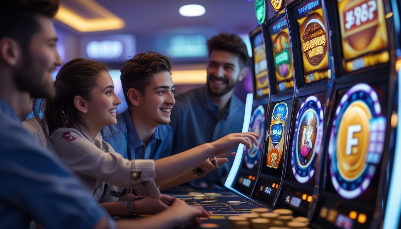 Beberapa orang sedang memperhatikan mesin slot digital dengan ekspresi antusias di dalam kasino.