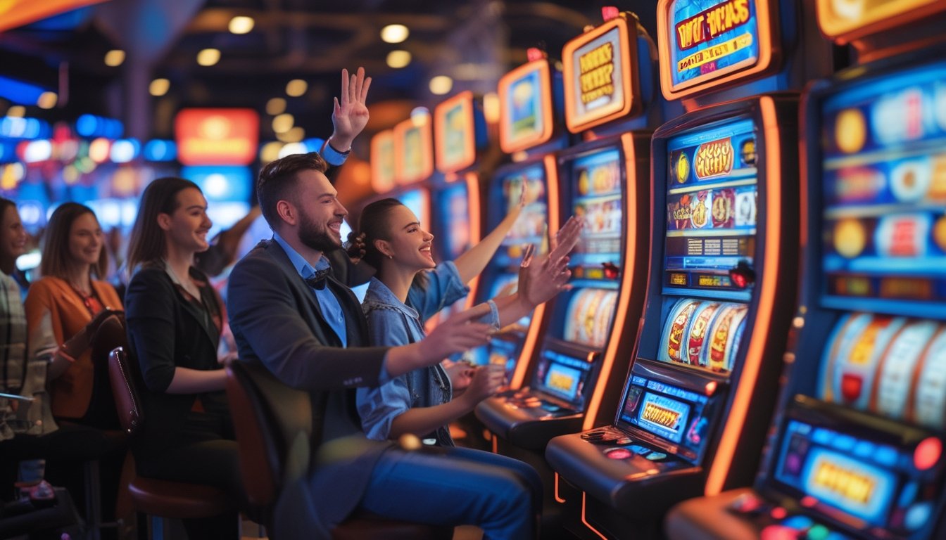 Orang-orang bermain mesin slot di kasino dengan ekspresi senang dan antusias.