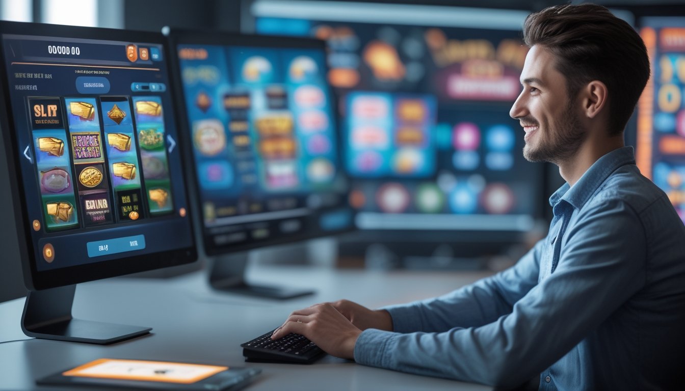 Seseorang sedang menggunakan komputer dengan tampilan permainan slot online yang berwarna-warni di layar.