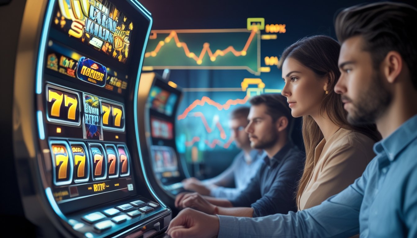 Orang-orang sedang memilih mesin slot di kasino modern dengan grafik RTP di latar belakang.