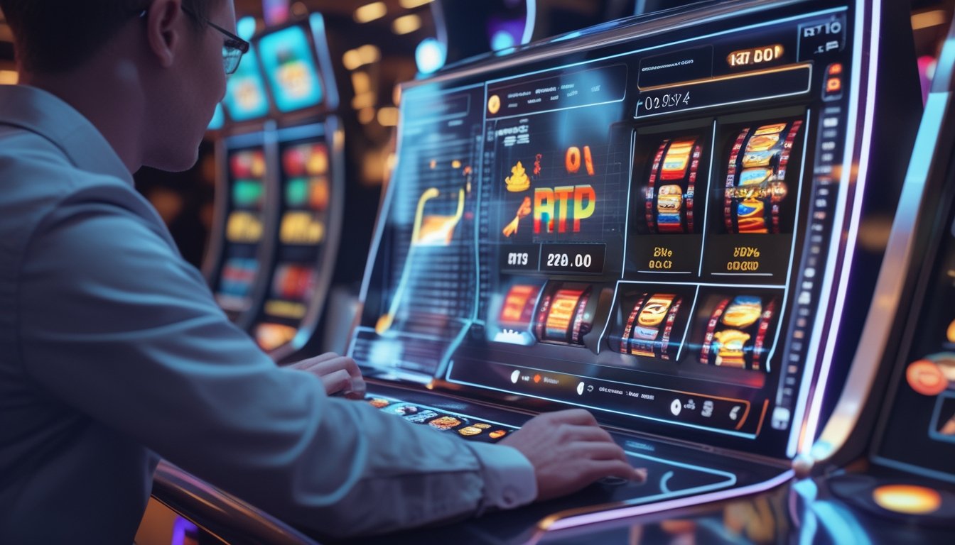 Seseorang sedang menganalisis data RTP pada layar digital di depan mesin slot yang berwarna-warni di lingkungan kasino modern.