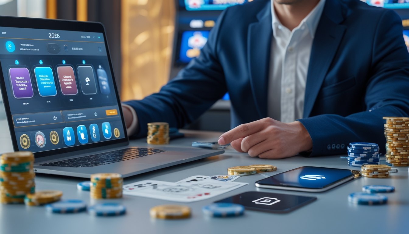 Seorang dewasa muda menggunakan laptop dan ponsel di meja, dengan tampilan permainan slot online dan aplikasi transaksi cepat di latar belakang kasino modern.