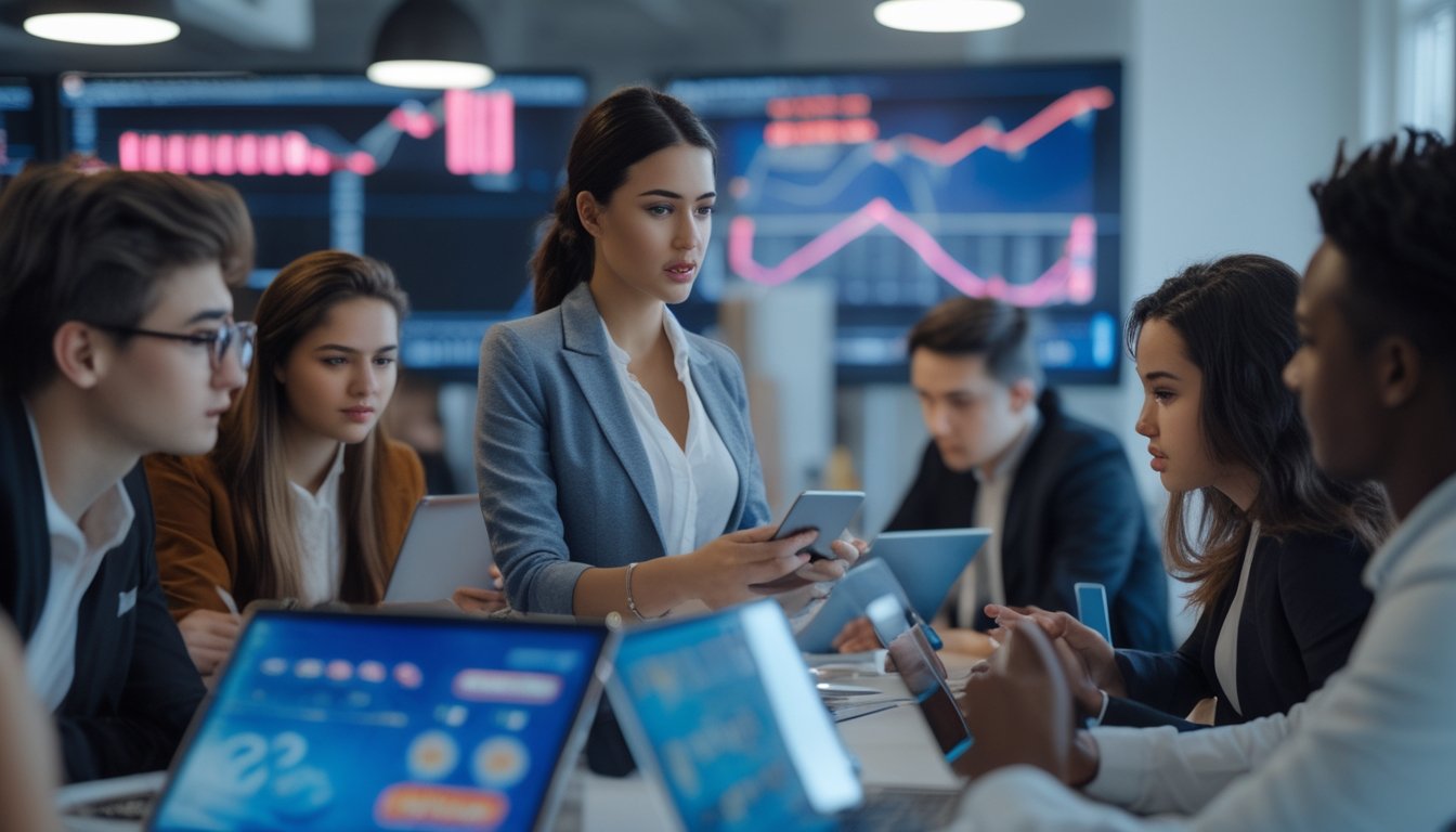Sekelompok orang muda sedang berdiskusi dan menggunakan perangkat digital untuk transaksi keuangan di kantor modern.