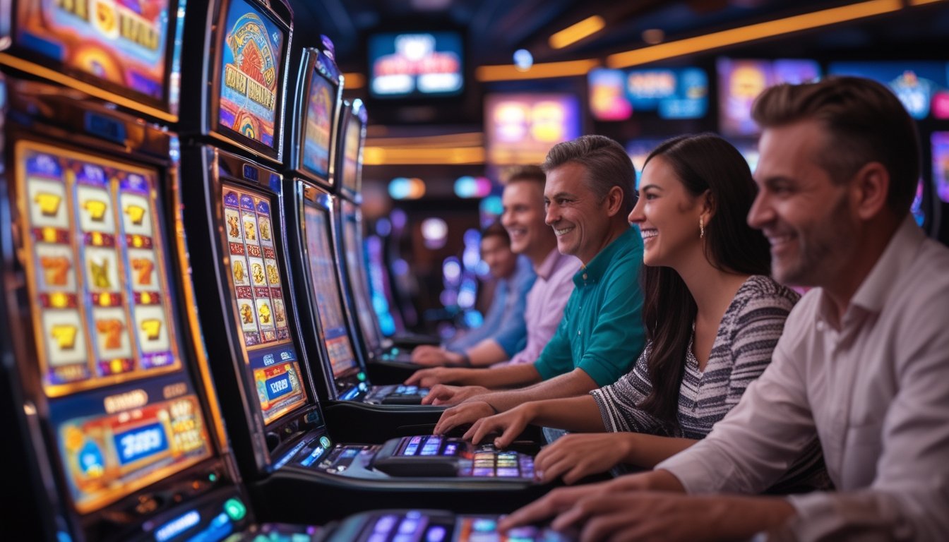 Orang-orang bermain mesin slot di kasino modern dengan suasana yang ceria dan penuh semangat.