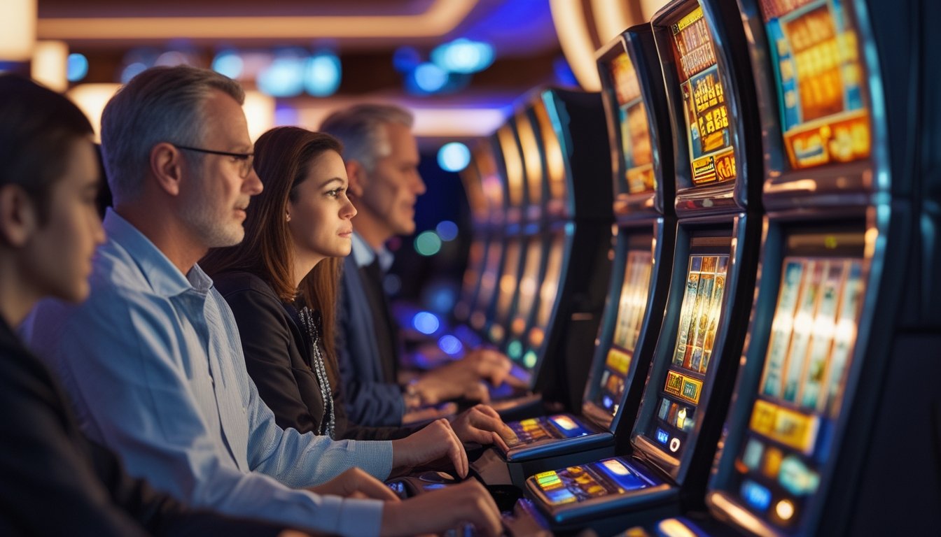 Beberapa pemain di kasino sedang menggunakan mesin slot dengan ekspresi bingung dan frustrasi.
