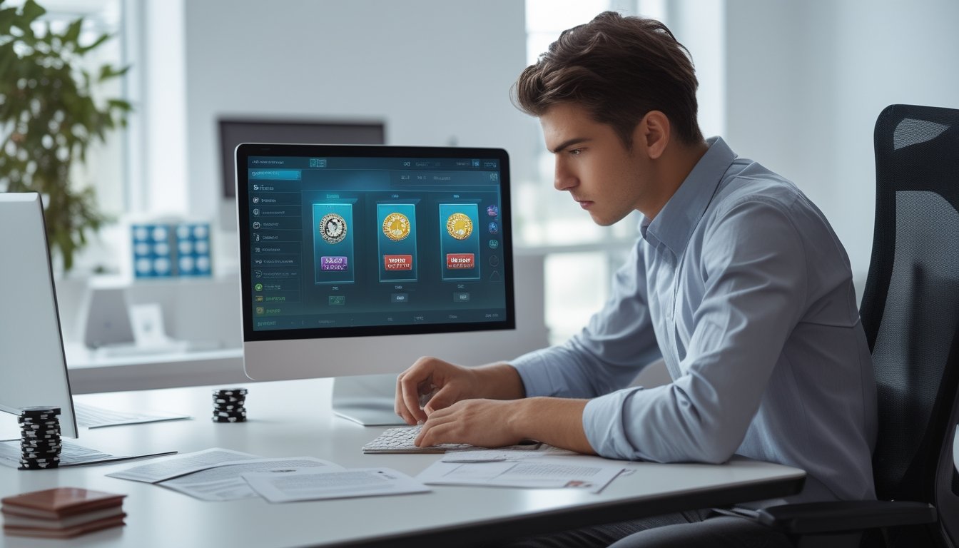 Seorang pria muda serius duduk di meja kantor modern sambil membaca dokumen dan melihat layar laptop dengan permainan slot digital.