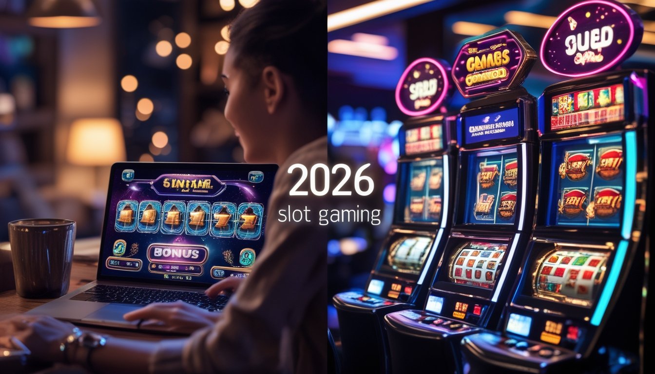 Seseorang bermain slot online di laptop di rumah dan sekelompok orang bermain slot mesin fisik di kasino yang ramai.