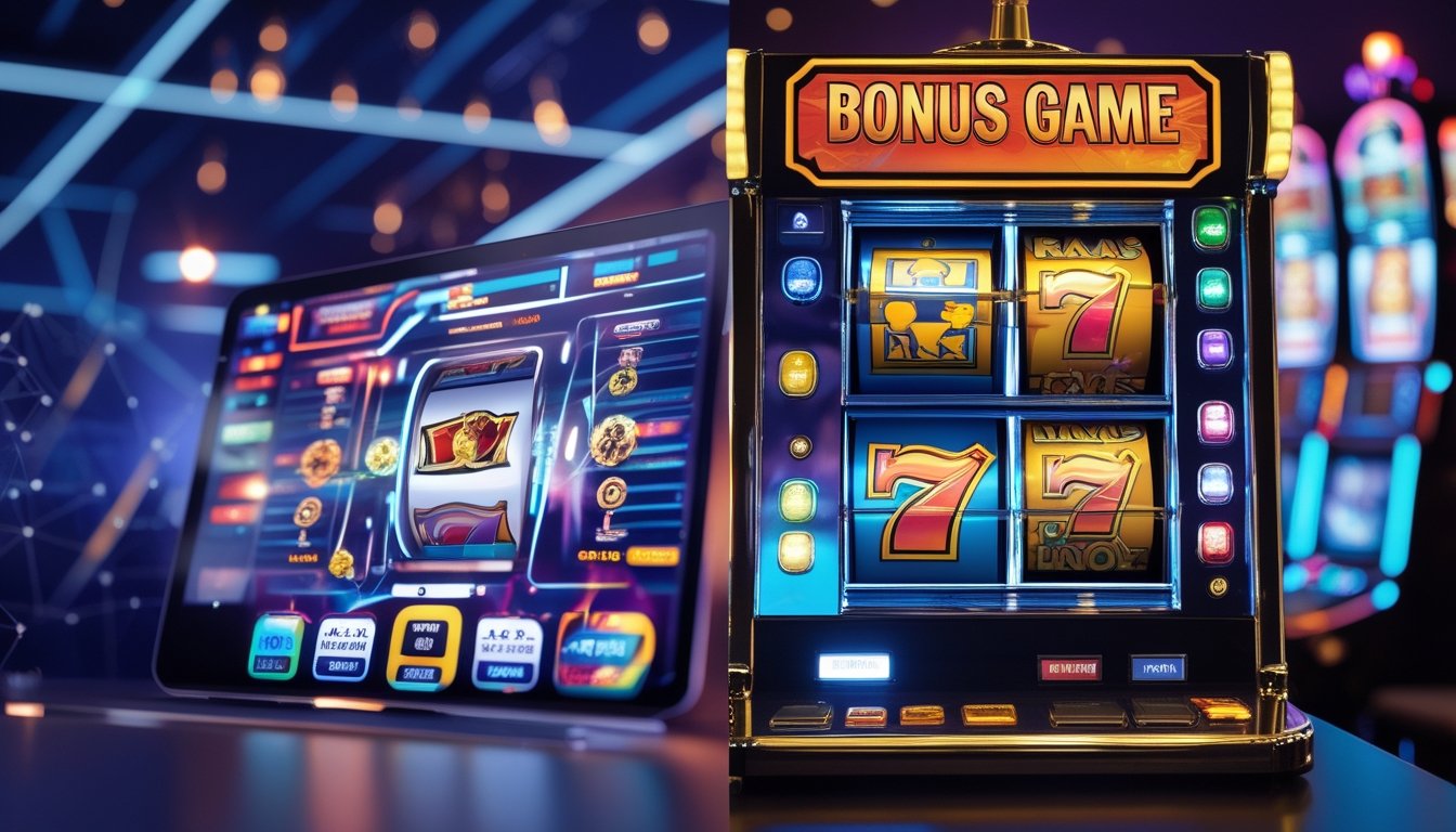 Gambar perbandingan antara permainan bonus game slot online di layar komputer dan mesin slot fisik di kasino.