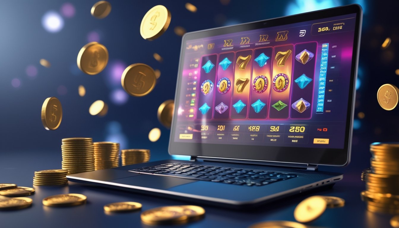 Sebuah meja dengan komputer yang menampilkan permainan slot berwarna-warni dan koin emas di sekitarnya.