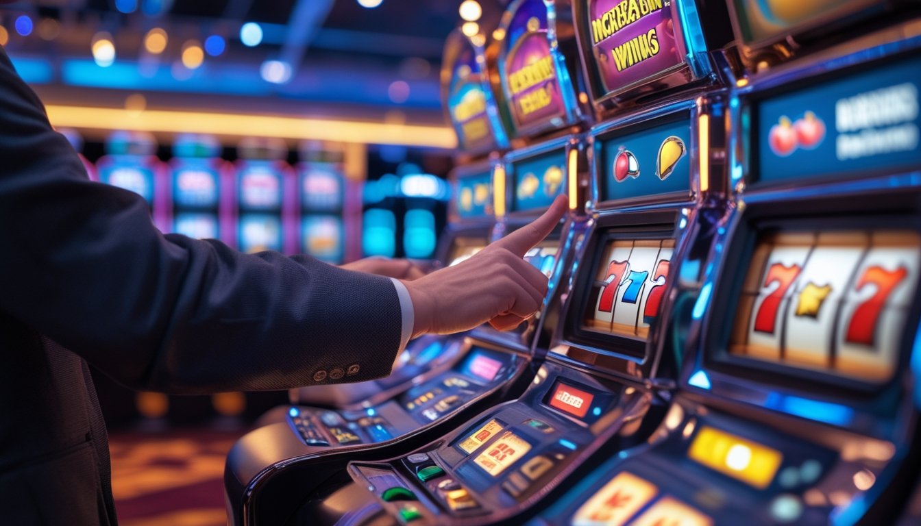 Seorang pemain menekan tombol pada mesin slot dengan simbol kemenangan di layar di dalam kasino yang ramai.