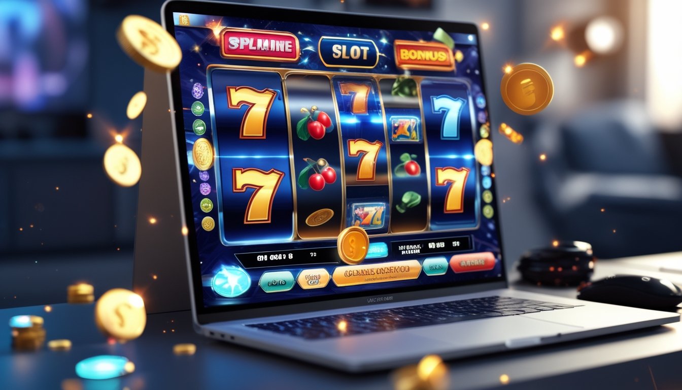 Seorang pengguna sedang bermain game slot online di laptop dengan tampilan grafik warna-warni dan simbol mesin slot, di ruang kerja yang nyaman.