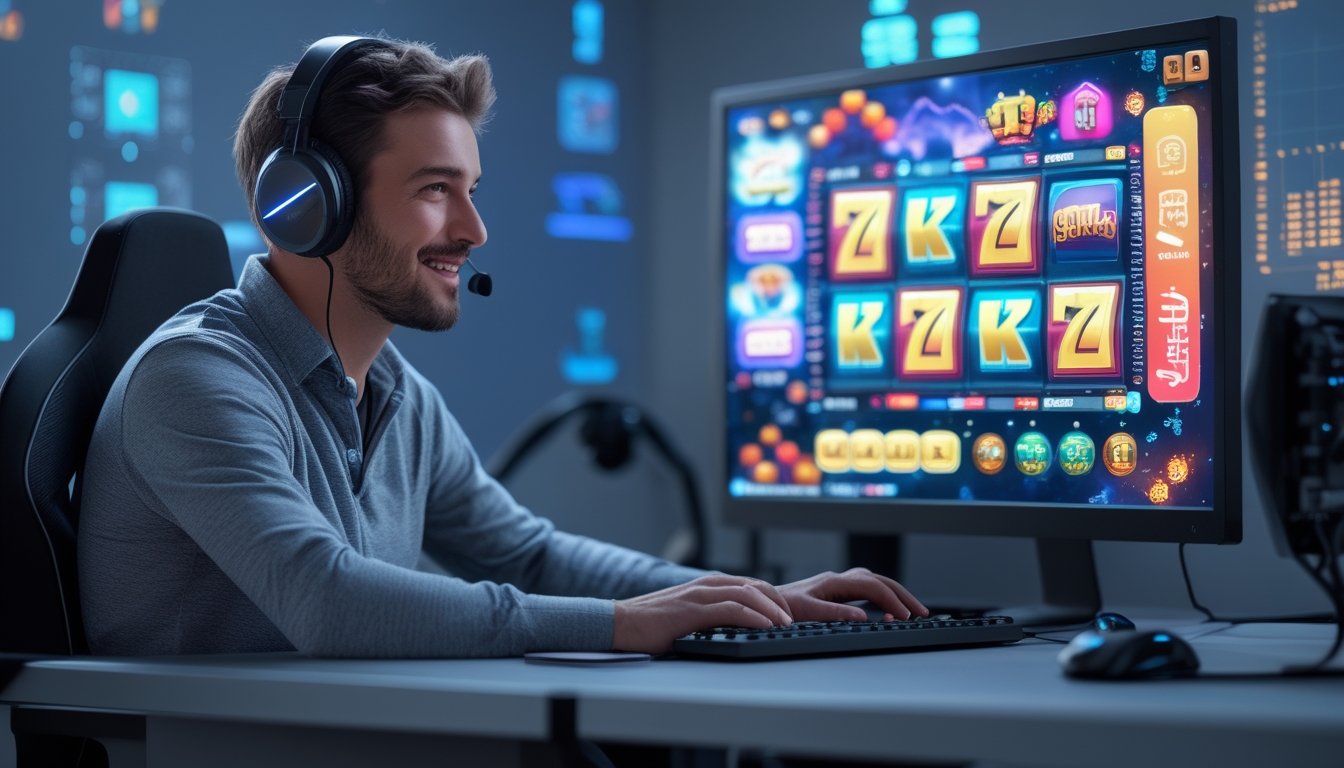 Seorang pria dewasa sedang fokus bermain permainan slot online di komputer dengan latar belakang elemen digital dan simbol bonus.