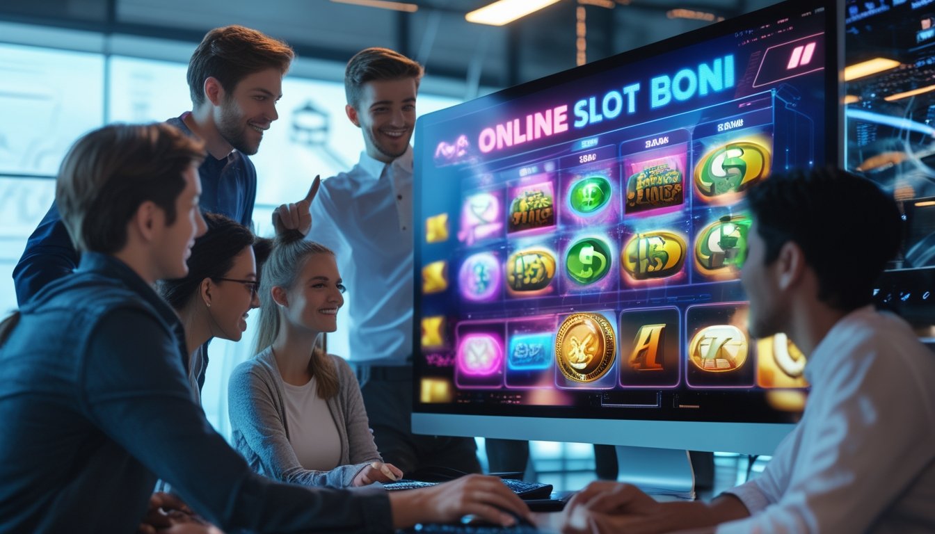Sekelompok orang muda berkumpul di sekitar komputer yang menampilkan permainan slot online dengan simbol bonus dan jackpot, di ruangan kantor modern.