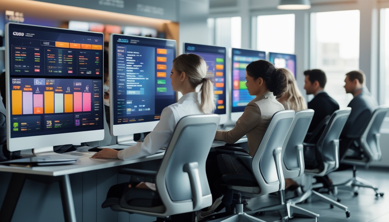 Sekelompok profesional sedang bekerja di kantor modern dengan layar komputer menampilkan grafik dan antarmuka permainan slot.