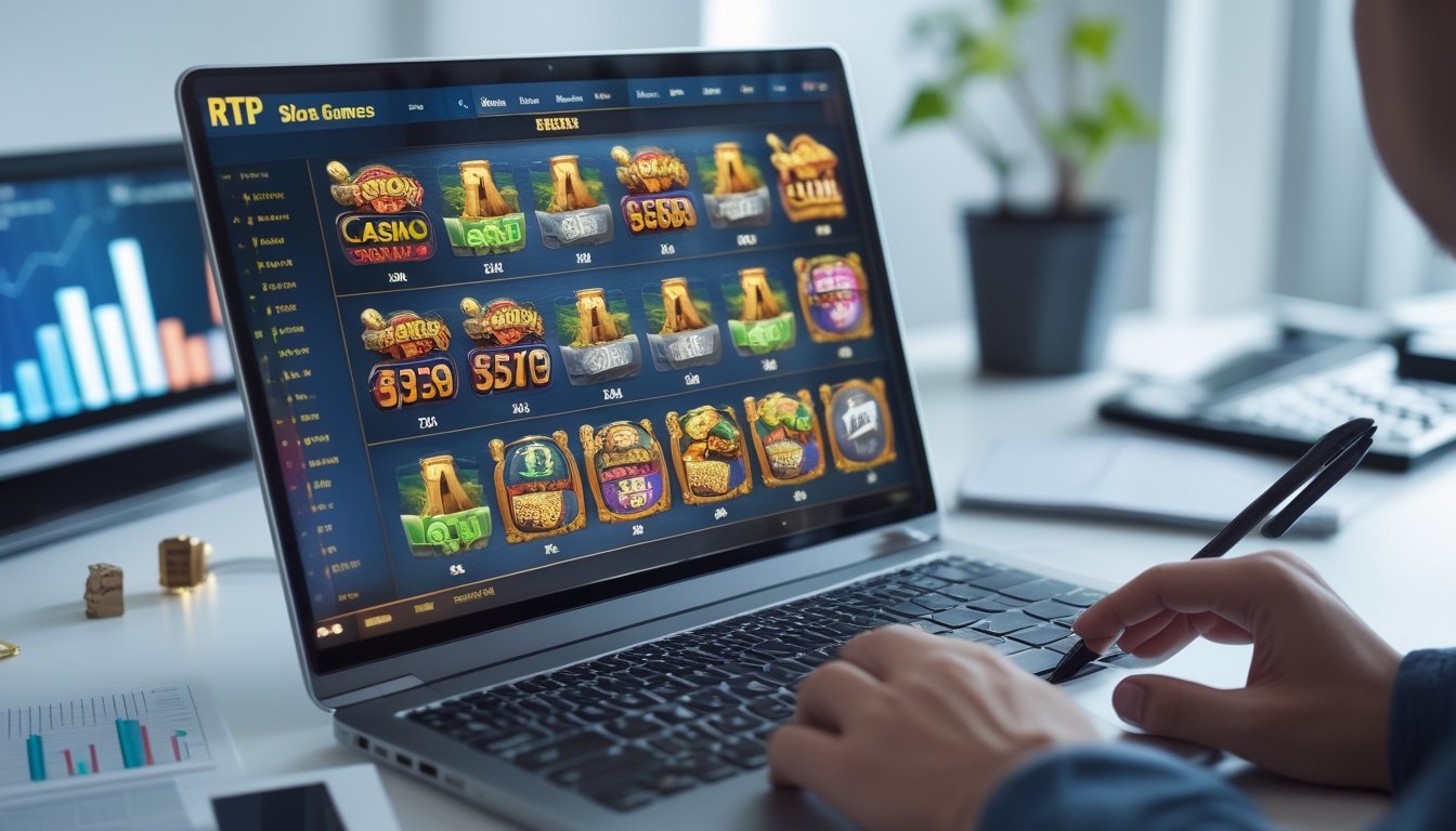 Seorang pria sedang menunjuk layar laptop yang menampilkan permainan slot online dengan grafik dan angka RTP, di meja kerja yang bersih dan terang.