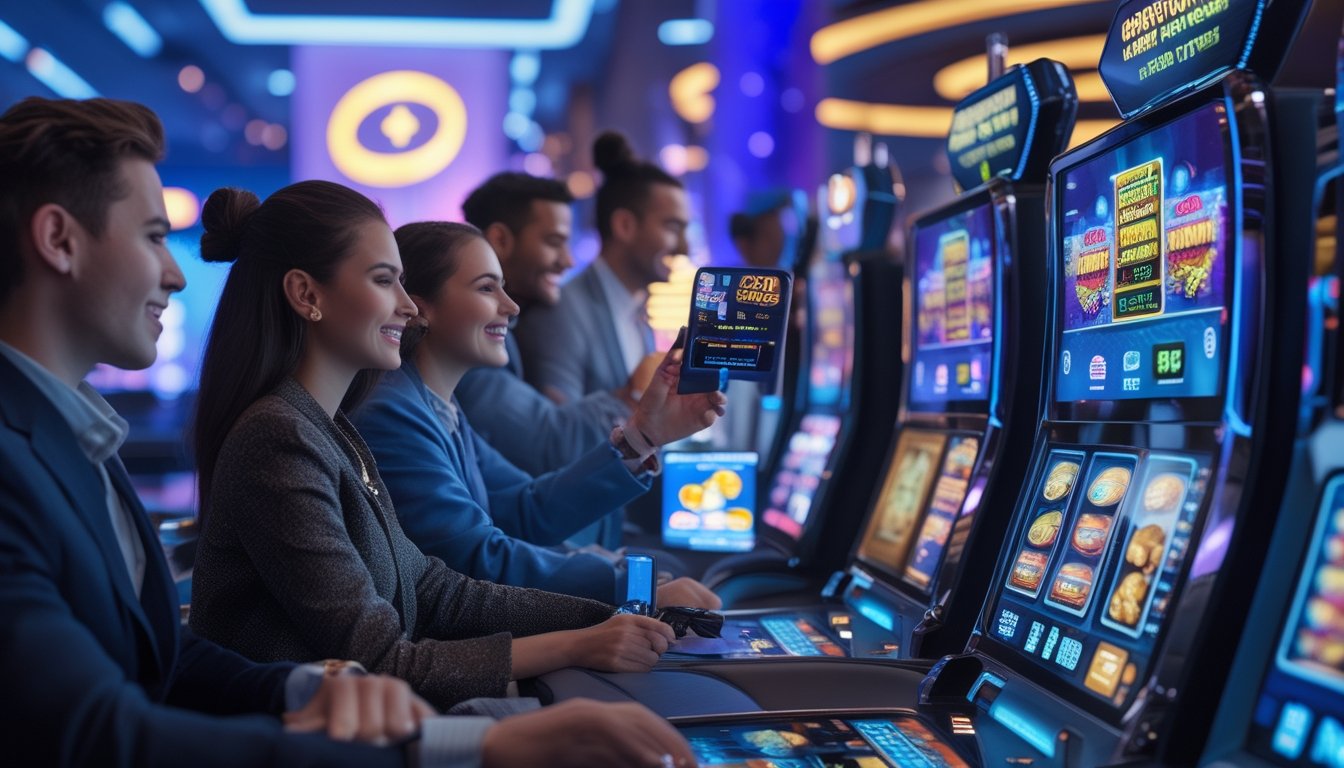 Beberapa orang muda sedang menggunakan mesin slot digital dan perangkat mobile di kasino modern dengan suasana cerah dan ramai, menunjukkan kemudahan melakukan deposit dan penarikan cepat saat bermain game slot.